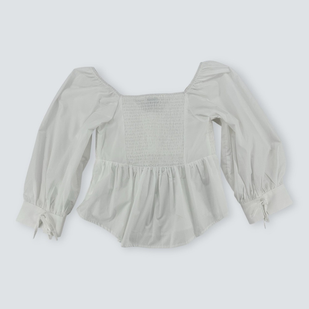 En Saison White Smocked Puff Sleeve Peplum Blouse Size S - Picture 11 of 11